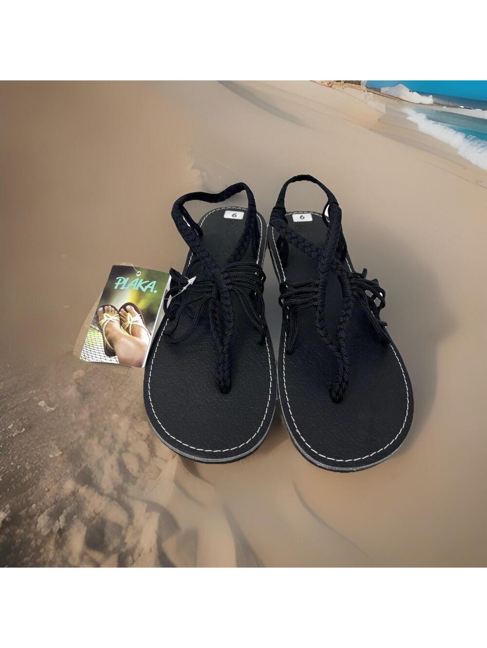 PLAKA Hand Woven Stretch-To-Fit Seashell Summer Sandals Women 9 Black Flat NWT